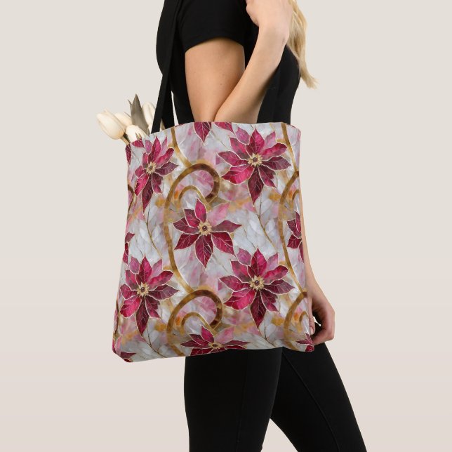 Gold Swirls Burgundy Pink Christmas Poinsettias Tote Bag (Close Up)