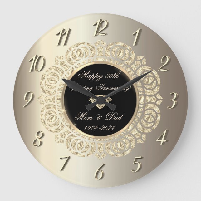 Gold Swirls Champagne 50th Wedding Anniversary Large Clock (Front)
