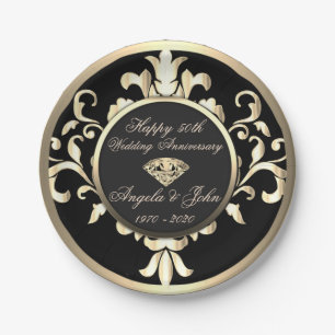 Gold Swirls Diamond 50th Wedding Anniversar Paper Plate