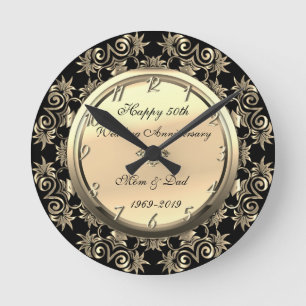 Gold Swirls  Diamond 50th Wedding Anniversary Round Clock