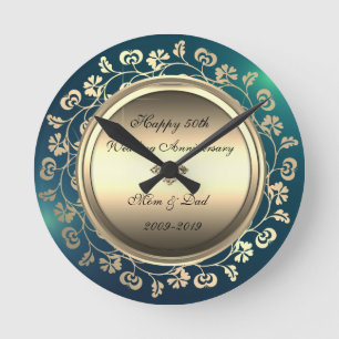 Gold Swirls Diamond Green 50th Wedding Anniversary Round Clock