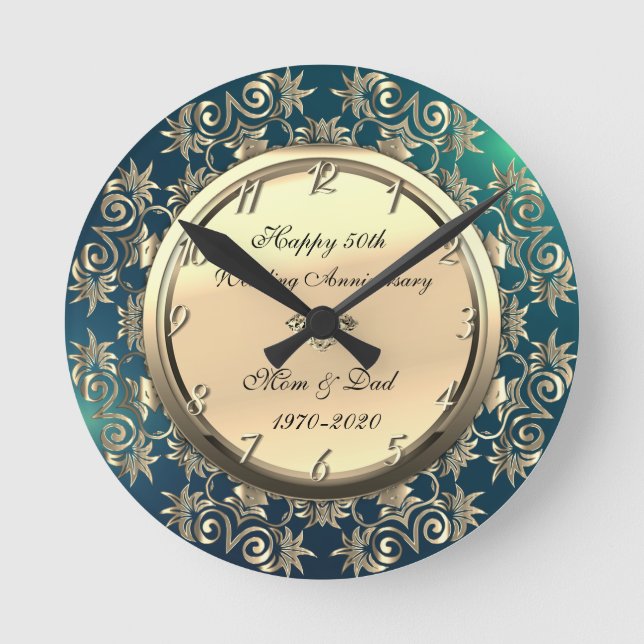 Gold Swirls Diamond Green 50th Wedding Anniversary Round Clock (Front)
