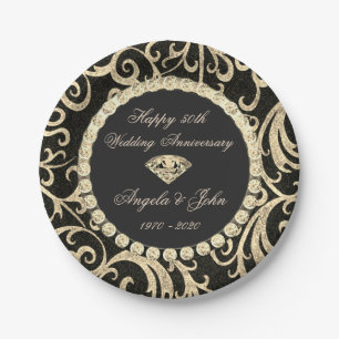 Gold Swirls Diamonds 50th Wedding Anniversar Paper Plate