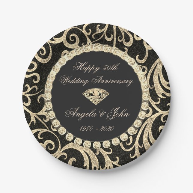 Gold Swirls Diamonds 50th Wedding Anniversar Paper Plate (Front)