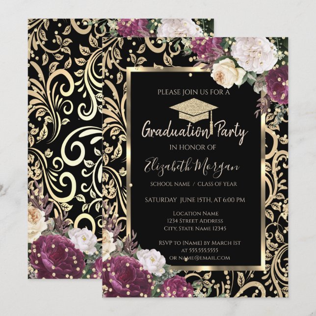 Gold Swirls Diamonds Burgundy Flowers Graduation  Invitation (Front/Back)
