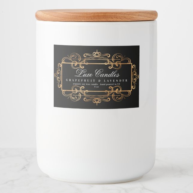 Gold Swirls Elegant Luxurious Black Product Food Label (Front)