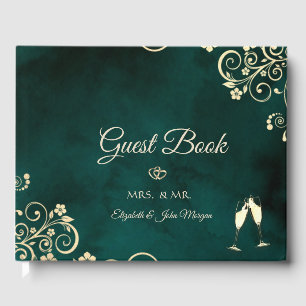 Gold Swirls Emerald Green Wedding Guest Book