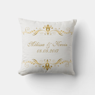 Gold Swirls Frame On White Wedding Gift Cushion
