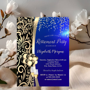 Gold Swirls Glas,High Heels,Blue Retirement  Invitation