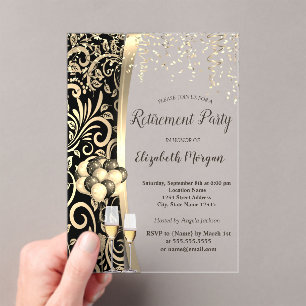 Gold Swirls Glas,High Heels,Red Retirement   Acrylic Invitations