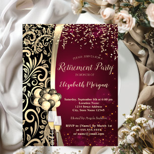 Gold Swirls Glas,High Heels,Red Retirement   Invitation