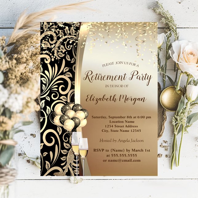 Gold Swirls Glas,High Heels, Retirement Party Invitation (Creator Uploaded)