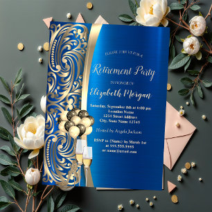 Gold Swirls Glass,High Heels Blue Retirement Invitation
