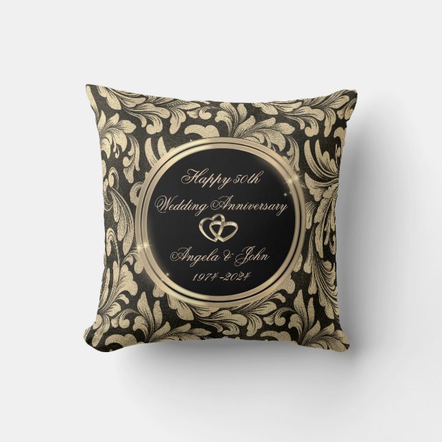 Gold Swirls Gold Rings Anniversary Cushion (Front)