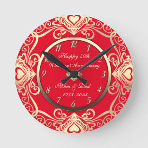 Gold Swirls Hearts Diamond Red 50th Wedding Round Clock