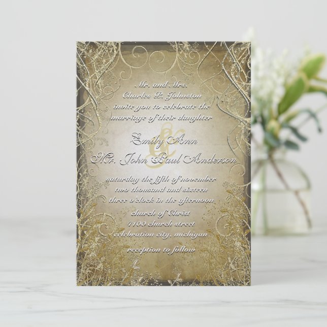 Gold Swirls & Leaves on Burnt Gold Metallic Paper Invitation (Standing Front)