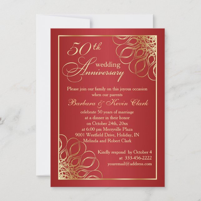 Gold swirls on red 50th Wedding Anniversary photo Invitation (Front)
