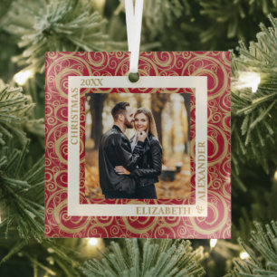Gold Swirls Photo Cranberry Glass Tree Decoration