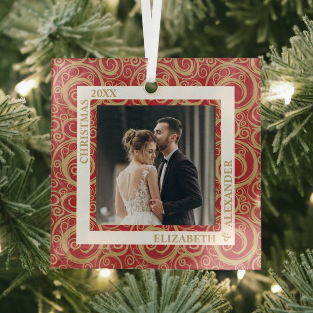 Gold Swirls Photo Red Glass Tree Decoration (Insitu)