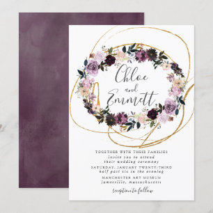 Gold  Swirls Purple Pink Floral Wedding Invitation