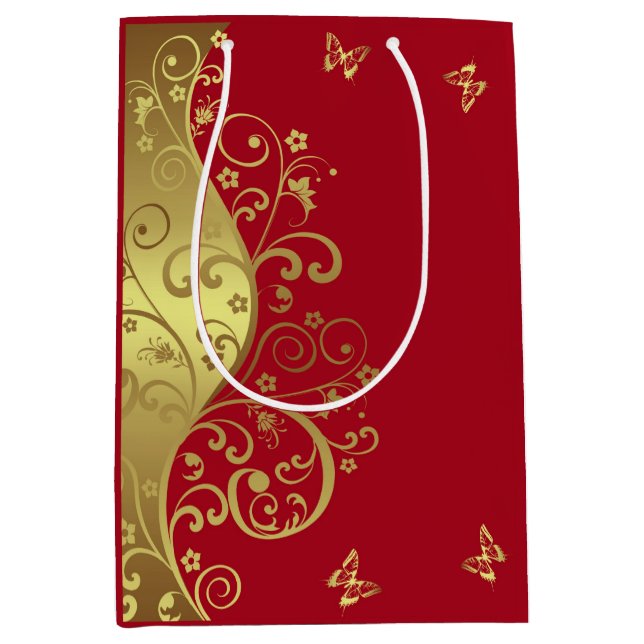 Gold Swirls & Red Medium Gift Bag (Front)