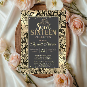 Gold Swirls Tiara Sweet Diamonds 16 Party Invitation