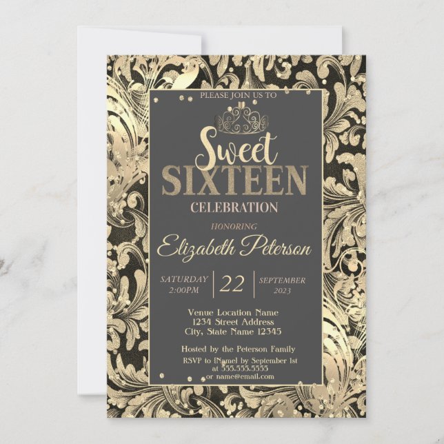 Gold Swirls Tiara Sweet Diamonds 16 Party Invitation (Front)