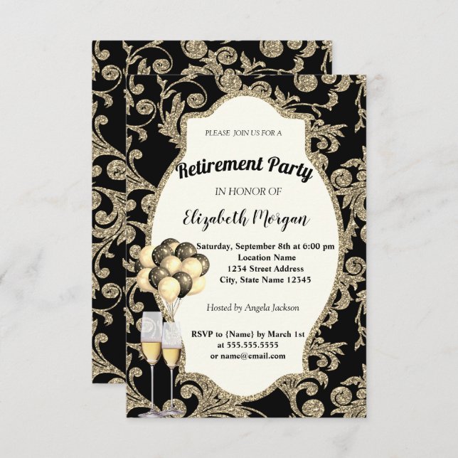 Gold Swirls  Wine Glas , Ballons, Retirement Party Invitation (Front/Back)