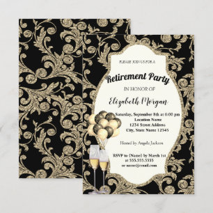 Gold Swirls  Wine Glas , Ballons, Retirement Party Invitation