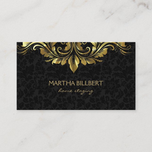 Gold Swirly Lace On Black Damasks Business C Business Card (Front)