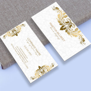 Gold Swirly Lace On Plush White Damasks Business Card