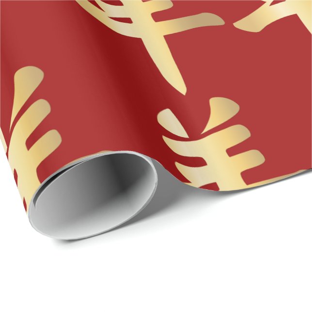 Gold Symbol Chinese Sheep Goat Ram Deep Red Wrapping Paper (Roll Corner)