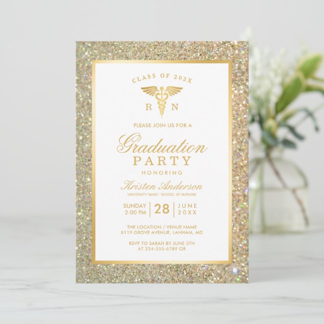 Gold Symbol Nursing School Graduation Party Invitation (Standing Front)