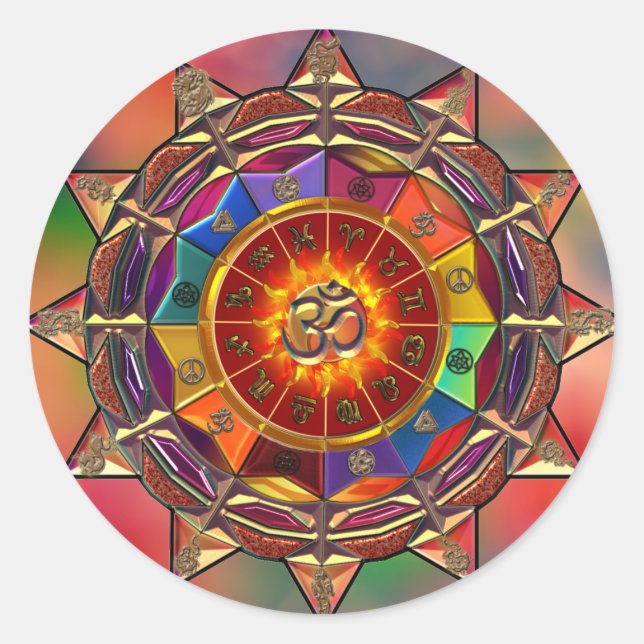 Gold Symbolic Sun Mandala Classic Round Sticker (Front)
