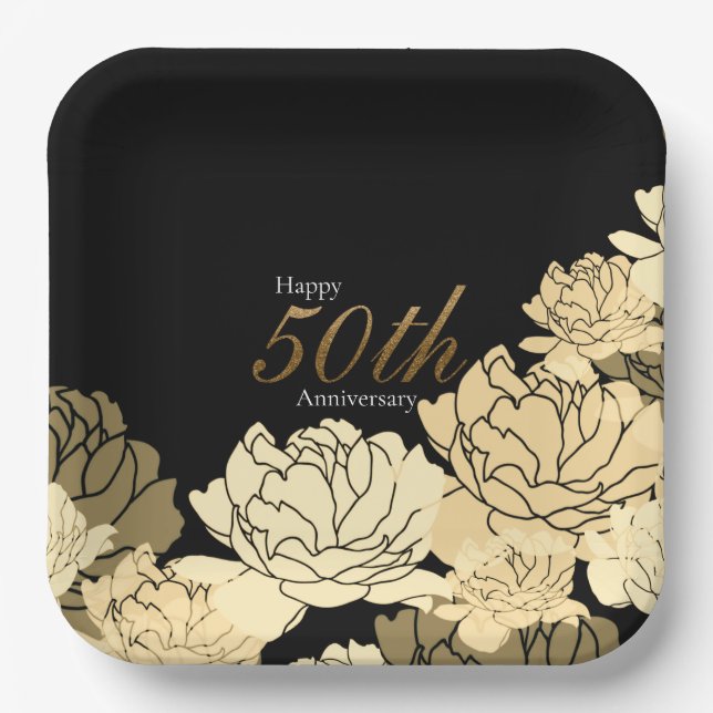 Gold, tan and beige 50th anniversary rose print pa paper plate (Front)