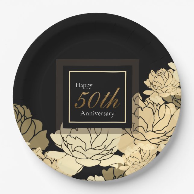 Gold, tan and yellow 50th anniversary rose print p paper plate (Front)