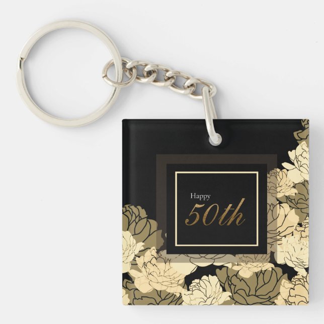 Gold, tan, and yellow 50th birthday rose key ring (Front)
