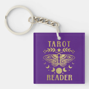 Gold Tarot Reader Moon Phase Moth Stars Key Ring
