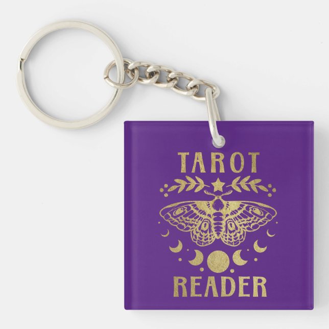 Gold Tarot Reader Moon Phase Moth Stars Key Ring (Front)