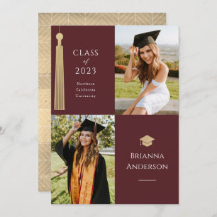 Gold Tassel & Cap 2 Photo Burgundy Graduation Invitation