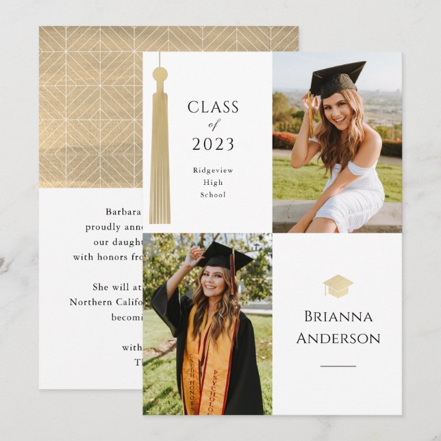 Gold Tassel & Cap 2 Photo Graduation Announcement (Front/Back)