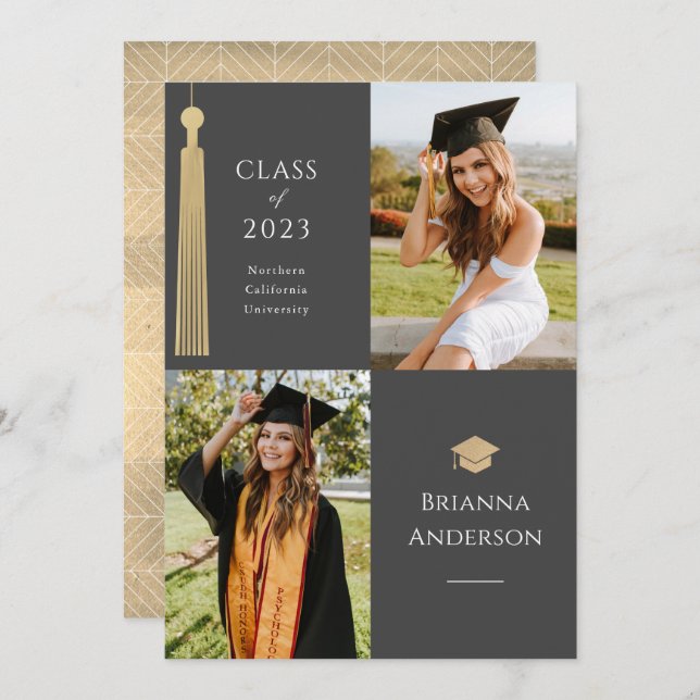 Gold Tassel & Cap 2 Photo Graduation Grey Invitation (Front/Back)