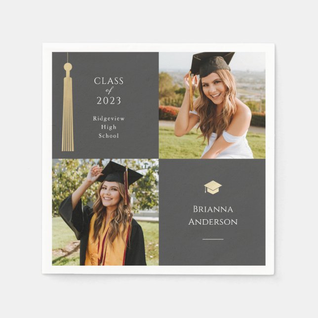 Gold Tassel & Cap Dark Grey 2 Photo Graduation Napkin (Front)