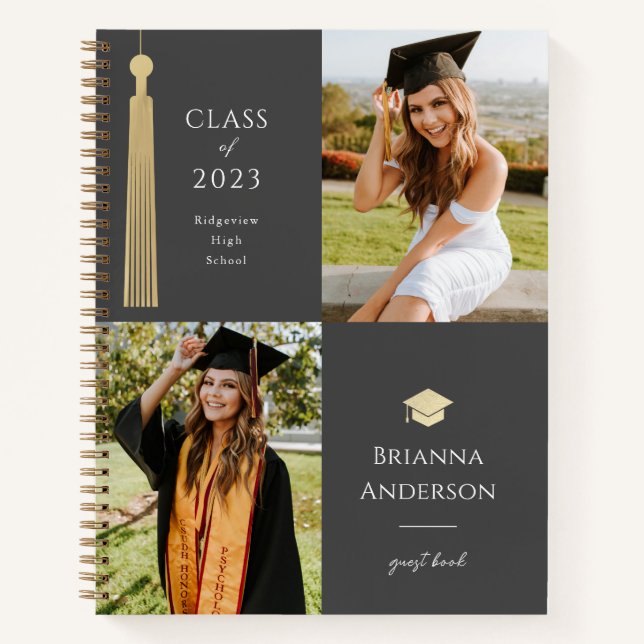 Gold Tassel & Cap Dark Grey 2 Photo Graduation  Notebook (Front)