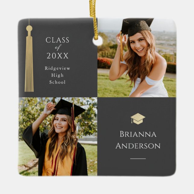 Gold Tassel & Cap Dark Grey Photo Graduation Ceramic Ornament (Front)