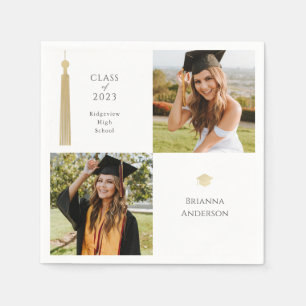 Gold Tassel & Cap Dark White 2 Photo Graduation Napkin
