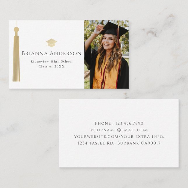 Gold Tassel & Cap Dark White Photo Graduation Business Card (Front/Back)