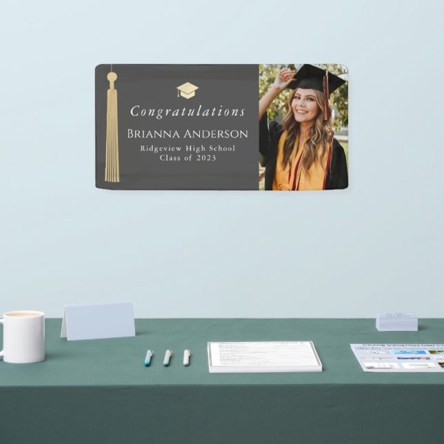 Gold Tassel & Cap Gray Graduation Party Photo Banner (Tradeshow)
