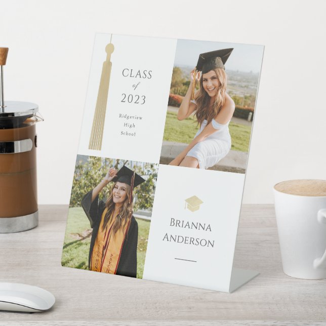 Gold Tassel & Cap White 2 Photo Graduation Pedestal Sign (In SItu)