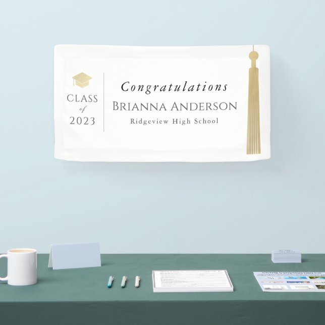 Gold Tassel & Cap White Graduation Party Banner (Tradeshow)